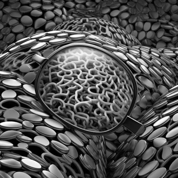 a black and white photo of a magnifying glass object surrounded by pebbles generative ai