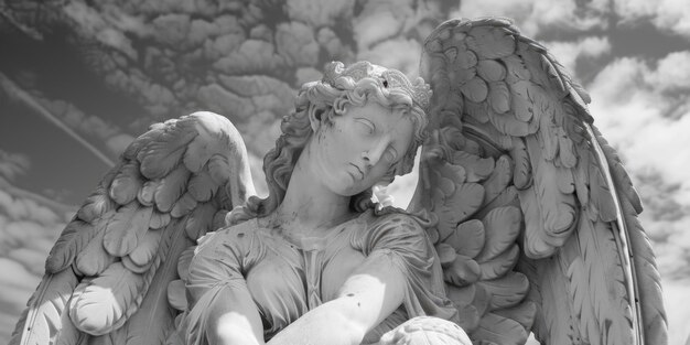 Foto una foto in bianco e nero di una maestosa statua di un angelo perfetta per progetti artistici