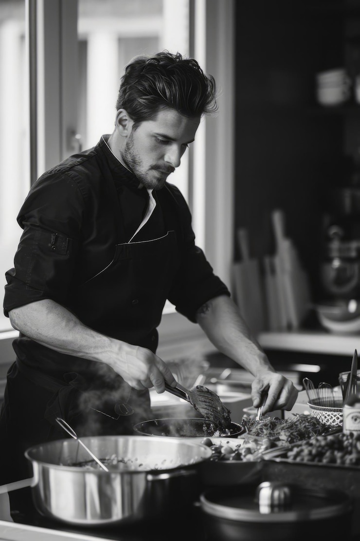 Photo black and white photo of a male chef cooking in a kitchen