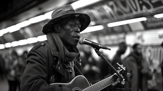 Photo a black and white photo of a man busking in a subway station he is wearing a hat and scarf and playing guitar and singing into a microphone