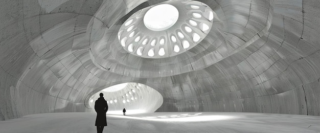 Photo a black and white photo of a man in a dark room with a man standing in front of a large circular structure with a man standing in front of it