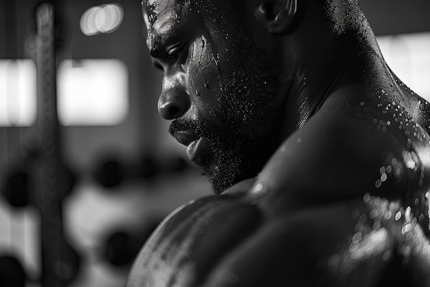 A black and white photo of a man in the gym