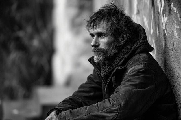 a black and white photo of a man leaning against a wall