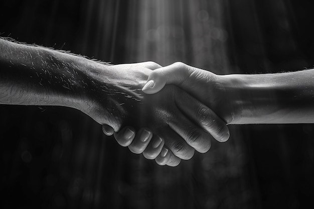 a black and white photo of a man shaking hands with the hands behind him