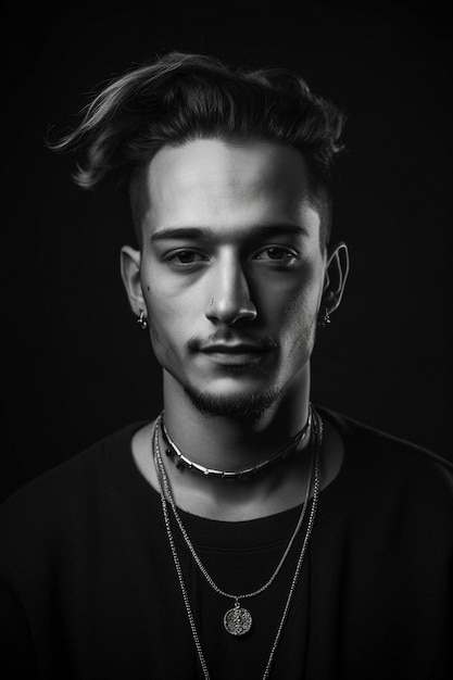 A black and white photo of a man with a necklace aigenerated artwork