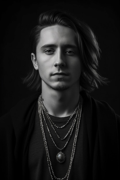 A black and white photo of a man with a necklace aigenerated artwork