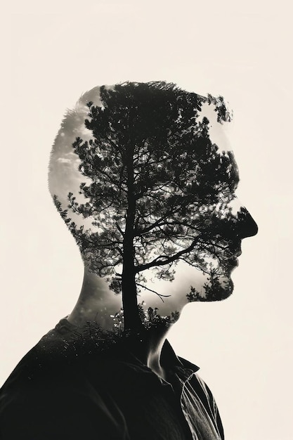 頭に木がある男性の白黒写真