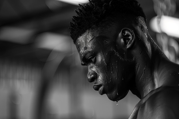 A black and white photo of a man with a wet face