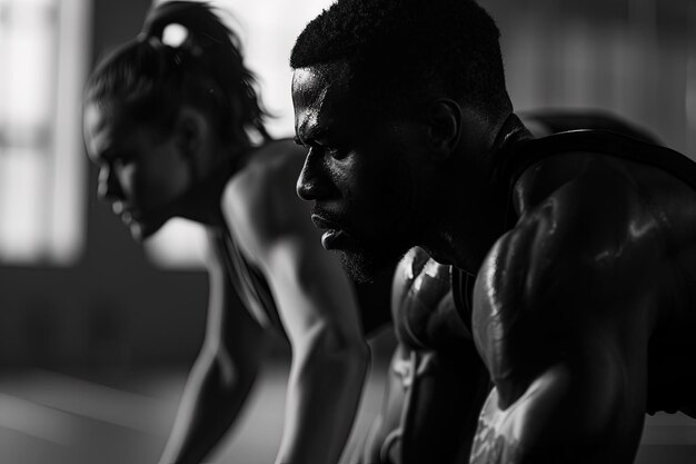 A black and white photo of a man and a woman doing push ups