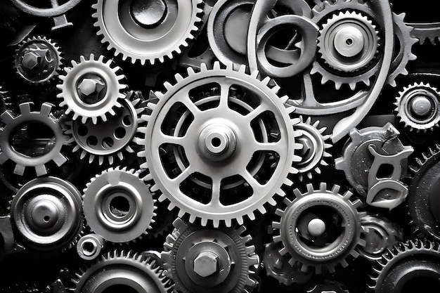 a black and white photo of many gears