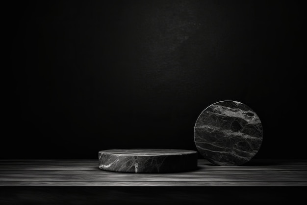 A black and white photo of a marble table and a round glass plate.