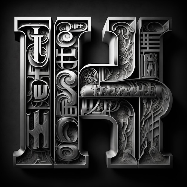a black and white photo of a metal letter h generative ai