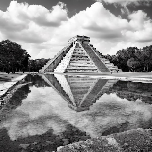 A black and white photo of a Mexico pyramid