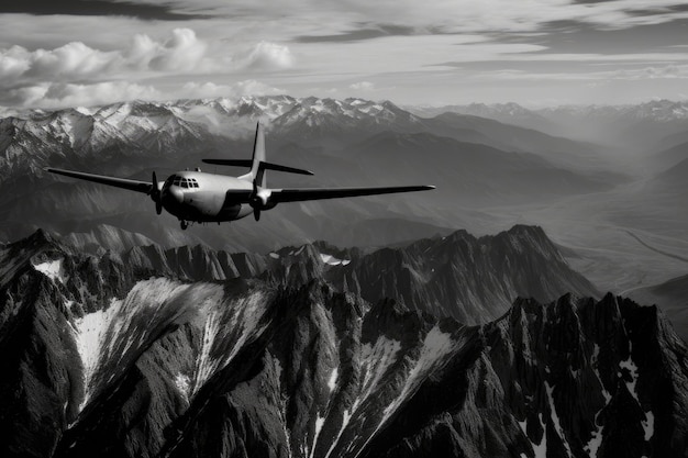 山脈上空を飛行する軍用機の白黒写真 生成 AI
