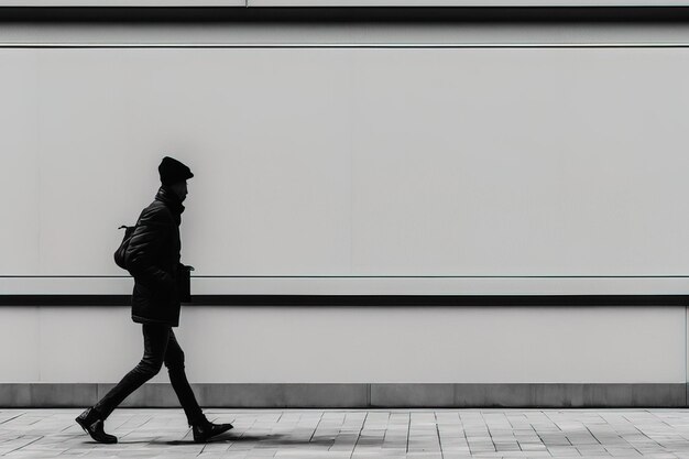 black and white photo of a modern business man walking along the street in front of a large building