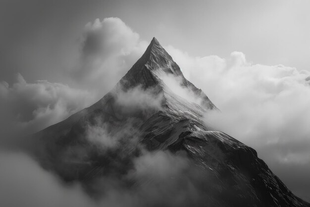 雲の中の山の黒と白の写真