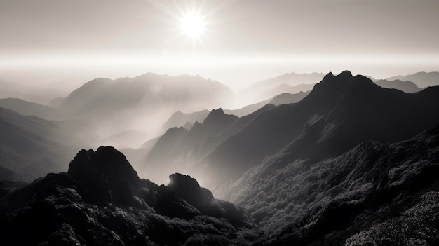 A black and white photo of a mountain range with fog in the air and a bright sun in the sky above the mountain range Generative AI