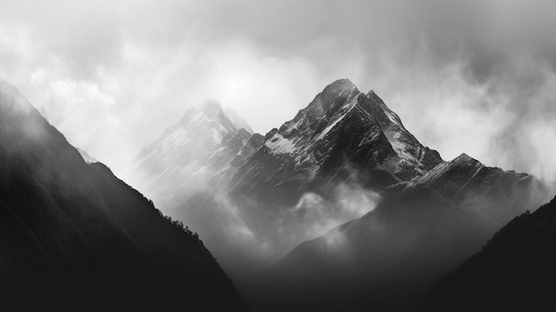 A black and white photo of a mountain range with fog in the air and a bright sun in the sky above the mountain range Generative AI