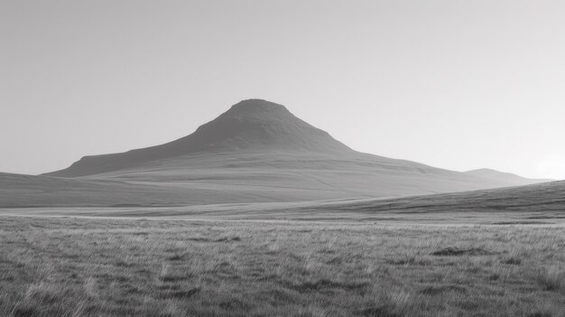 A black and white photo of a mountain with grass in the foreground ai