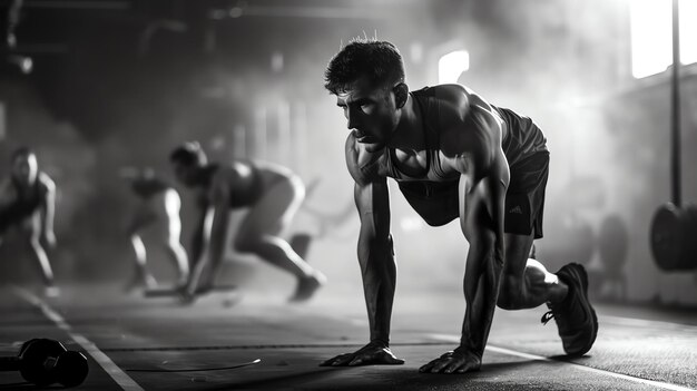 Black and white photo of a muscular man in sportswear doing pushups in a gym