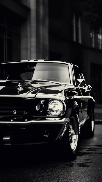 Black and white photo of a mustang