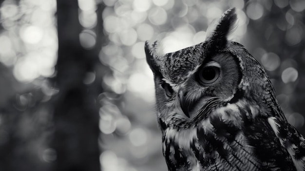 Black and White Photo of Owl in Wilderness