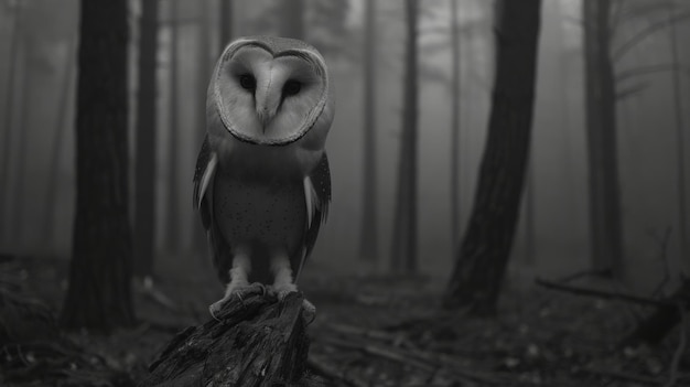 Black and White Photo of Owl in Wilderness