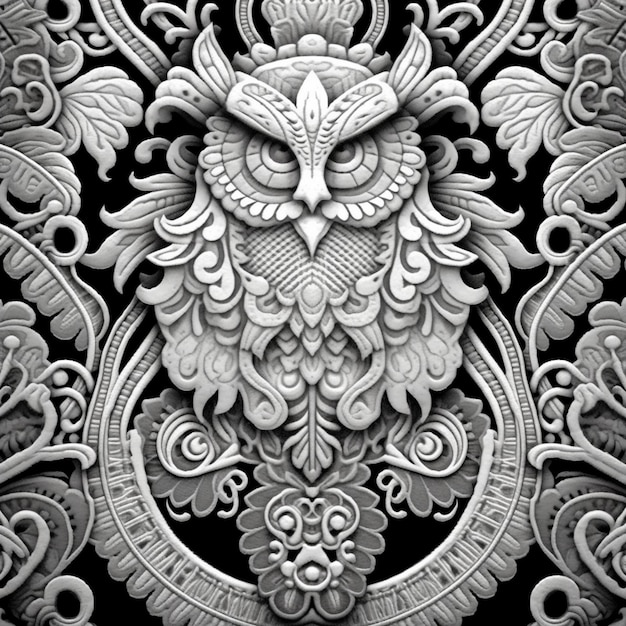 Photo a black and white photo of an owl with ornate designs generative ai