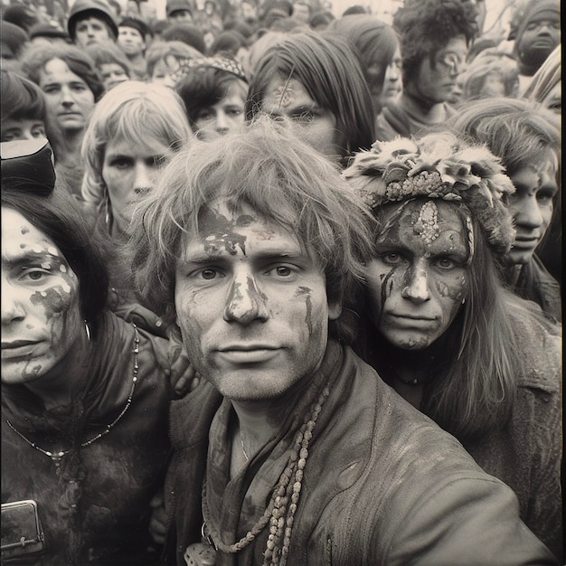 A black and white photo of people with face paint