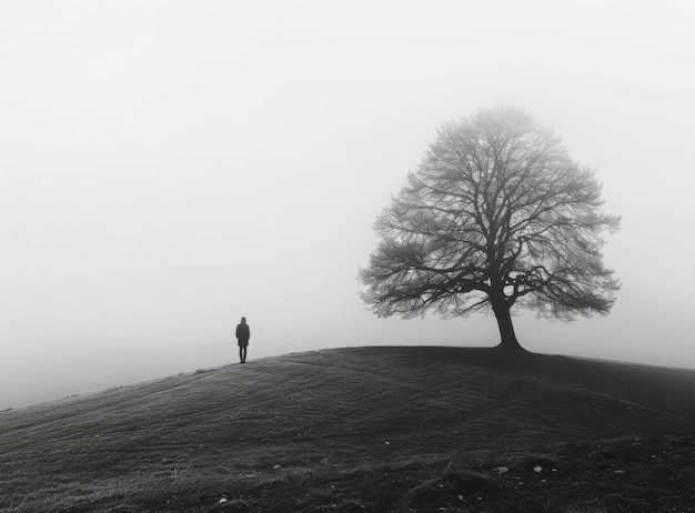 Черно-белая фотография человека, стоящего в одиночестве в туманном поле