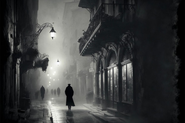 A black and white photo of a person walking down a street generative ai