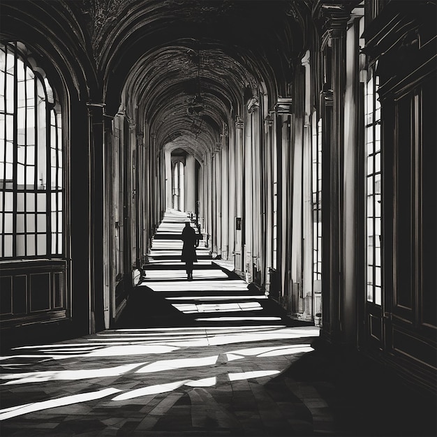 a black and white photo of a person walking in a hallway with a man in a suit.