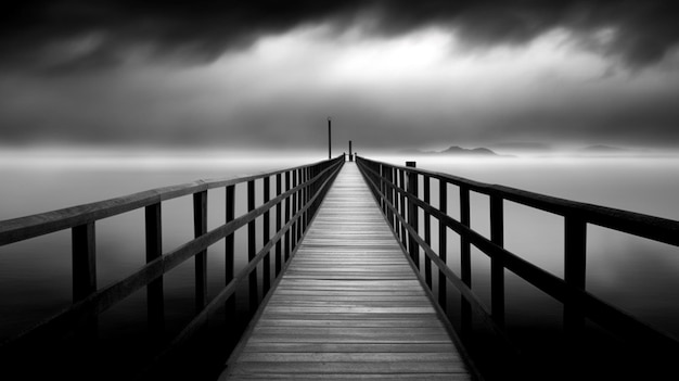 A black and white photo of a pier with a cloudy sky generative ai