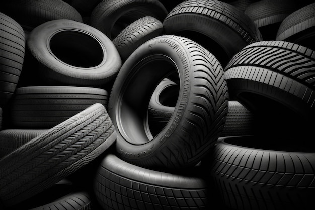 Black and white photo of pile of tires Generative AI