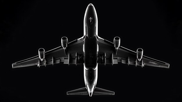 A black and white photo of a plane flying in the night sky The plane is in the center of the frame and is surrounded by darkness