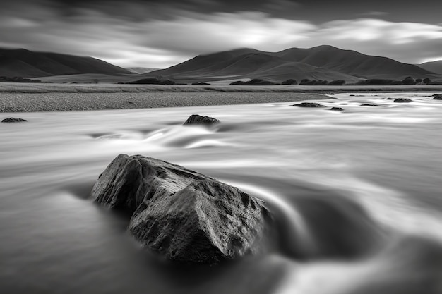 A black and white photo of a river with rocks in it and mountains in the background.