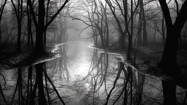 Photo a black and white photo of a river with trees reflected in it.