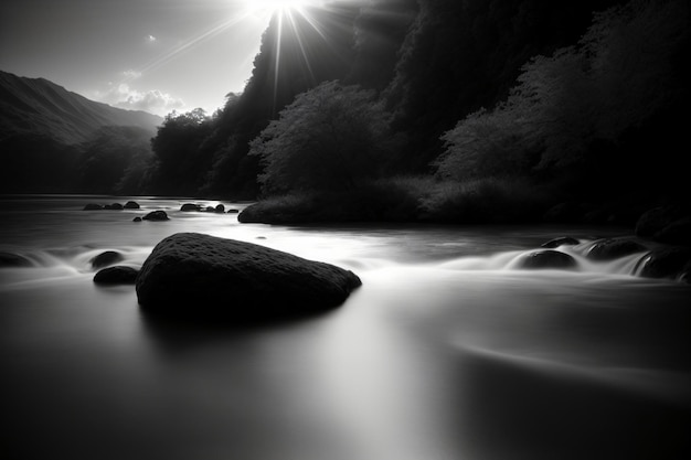 A Black And White Photo Of A River