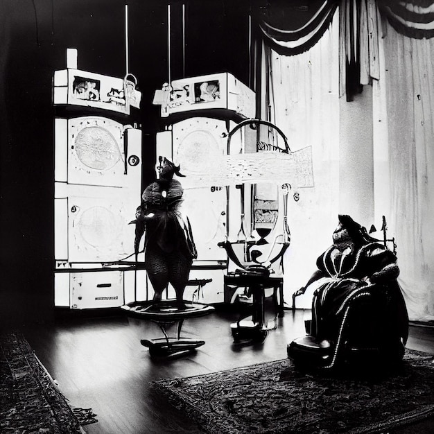 A black and white photo of a room with a clock and a sign that says " the time is 4 : 30 ".