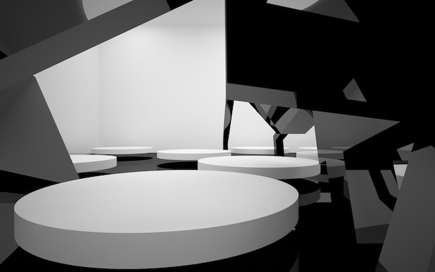a black and white photo of a room with white tables and white walls.