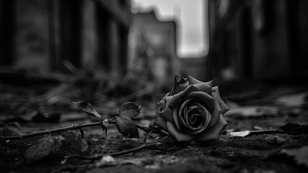 A black and white photo of a rose on the ground