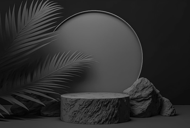 A black and white photo of a round stone table with a palm leaf in the background.