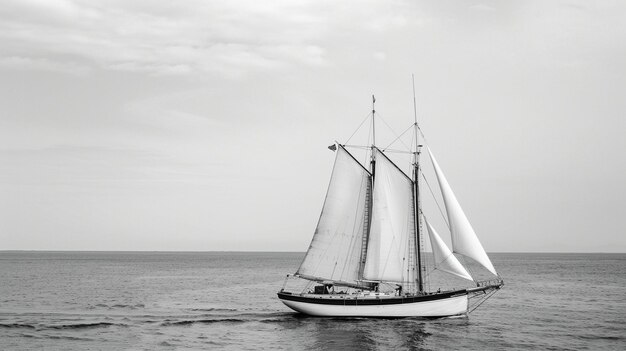 A black and white photo of a sailboat in the ocean