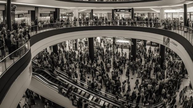 A black and white photo of a shopping center with a large escalator and people walking around.