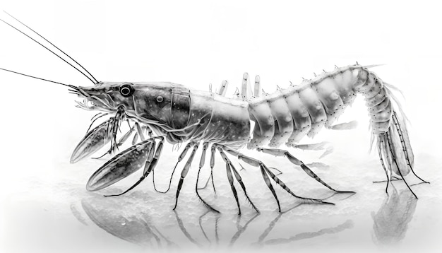 A black and white photo of a shrimp