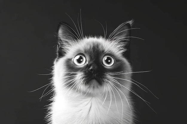 A black and white photo of a siamese cat