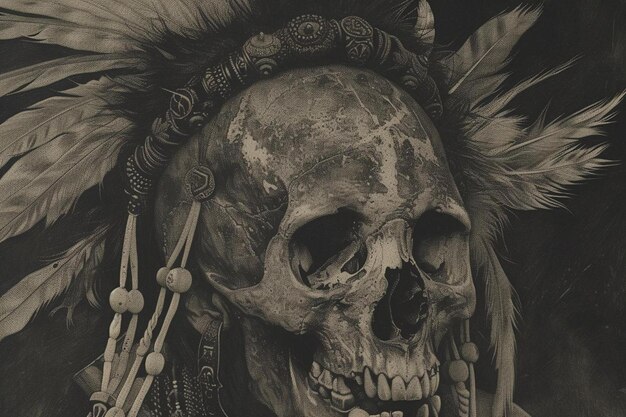 Photo a black and white photo of a skull wearing a headdress