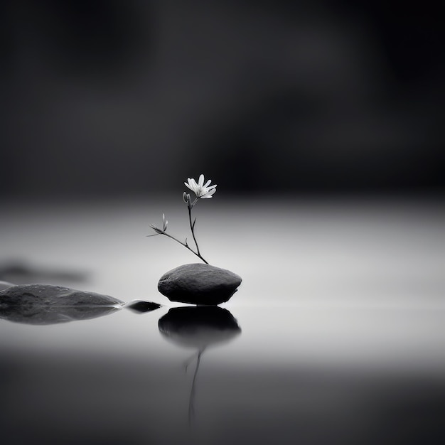 A black and white photo of a small flower on a rock.