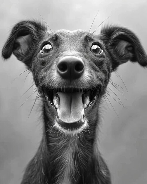 A black and white photo of a smiling dog