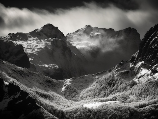 서리에 덮인 나무가 있는 눈 덮인 산맥의 흑백 사진.